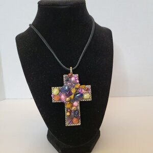 Nature Stone Crystal Multicolor Cross Necklace in Silver Chain - 28"